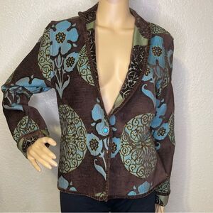 Khangura Tapestry Blazer Jacket Brown Green Blue Floral Size Medium